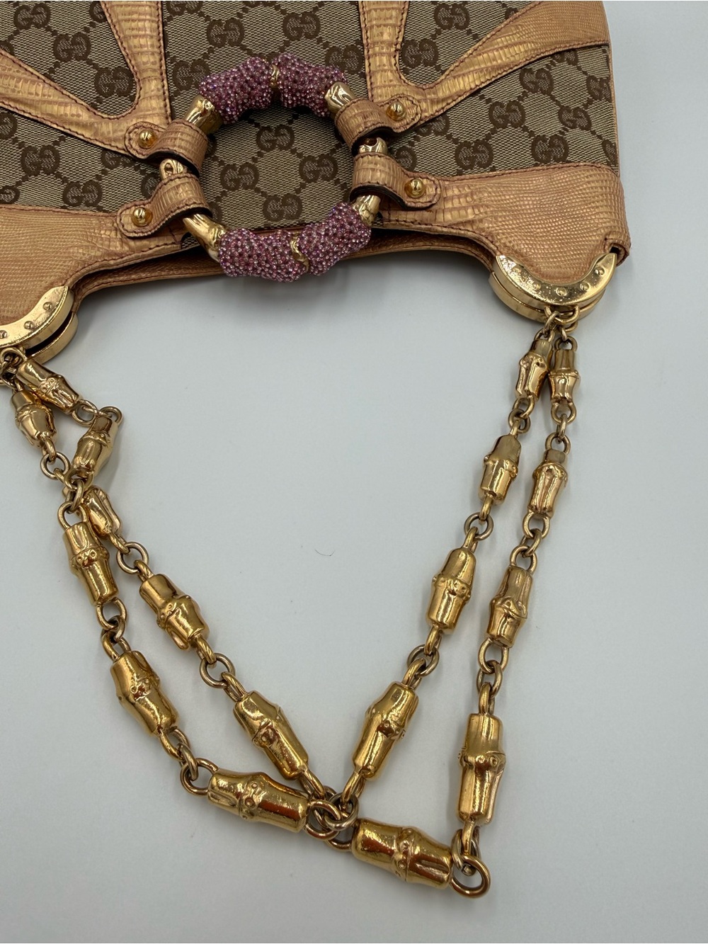 Gucci Tom Ford GG Canvas Shoulder Bag with Lizard Leather Trim and Gold Chains - Picture 6 of 11